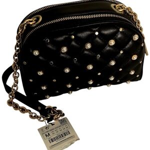 Black Quilted Pearl-Stud Crossbody Bag